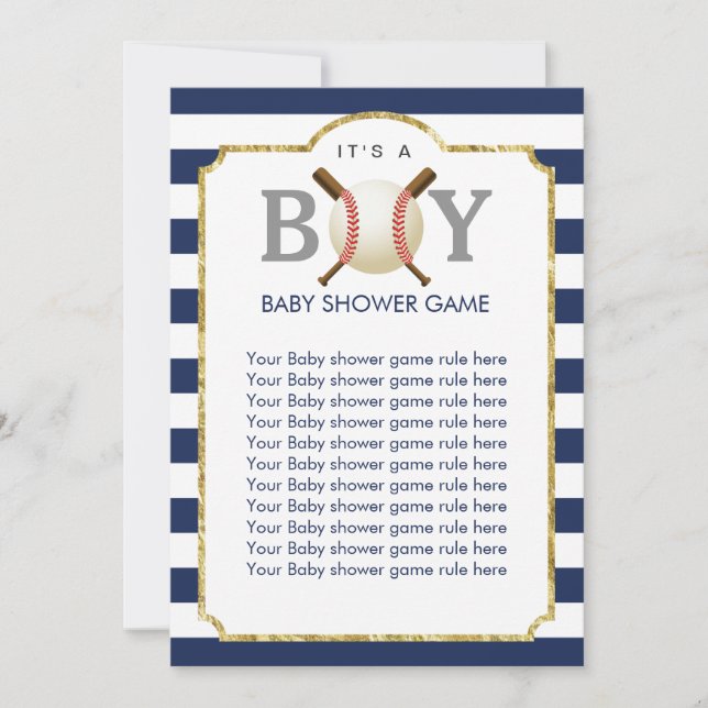 Baseball Boy Navy Blue Stripes Baby Shower Games Invitation (Front)