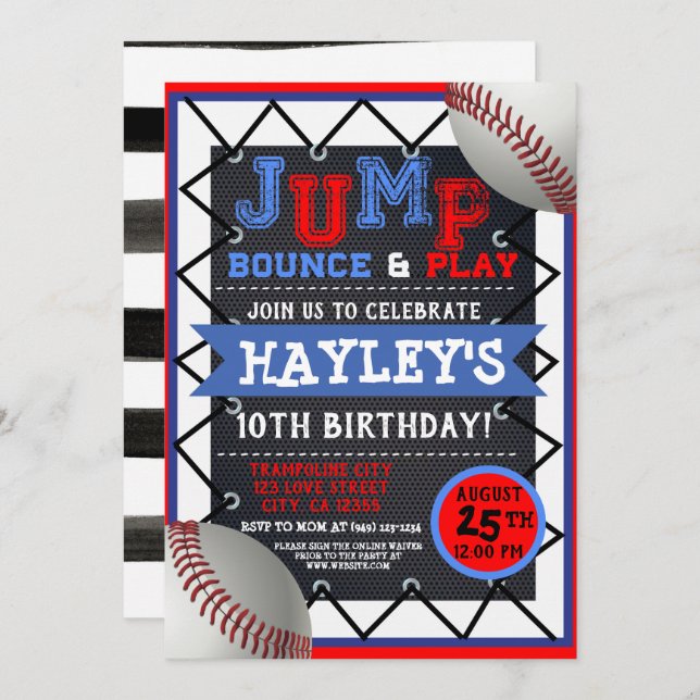 Baseball boys kids Jump & Play Trampoline Park Invitation (Front/Back)
