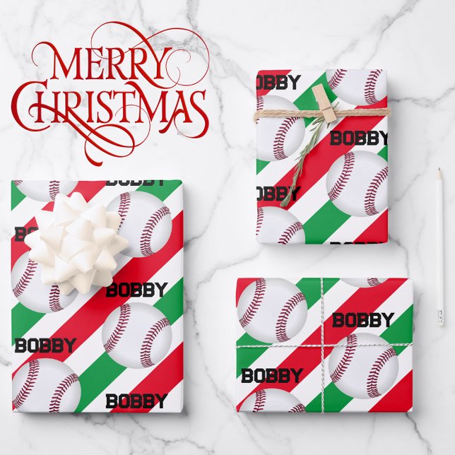 Baseball Boy's Name Christmas Fun 3 Wrapping Paper Sheet (Creator Uploaded)