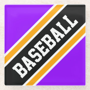 BASEBALL Bright Purple Black Diagonal Stripes Glass Coaster