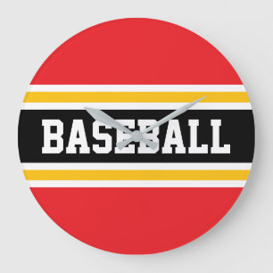 BASEBALL Bright Red White Black Orange Stripes Large Clock