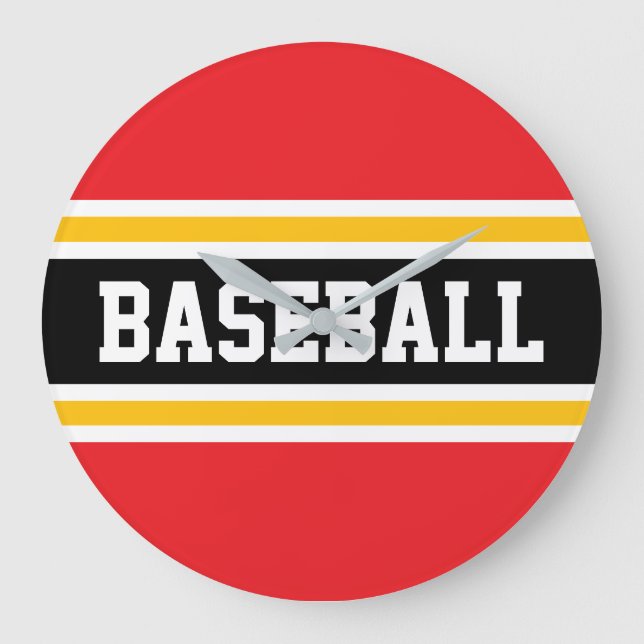 BASEBALL Bright Red White Black Orange Stripes Large Clock (Front)