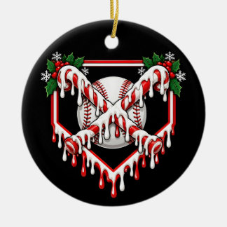 Baseball Candy Cane Christmas Ice Cream Drip Ceramic Ornament