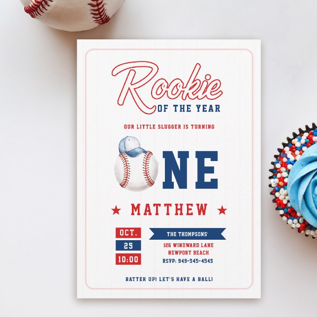 Baseball Cap Rookie Stripes Fun Boy 1st Birthday Invitation (rookie of the year 1st birthday invite boy baseball theme sports all star red blue milestone)