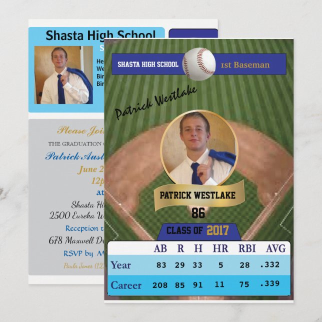 Baseball Card W/ Stats Grad Invitations - blue (Front/Back)
