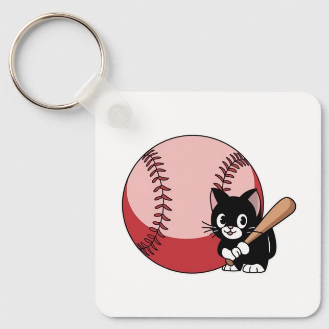 Baseball Cat Cartoon Key Ring (Front)