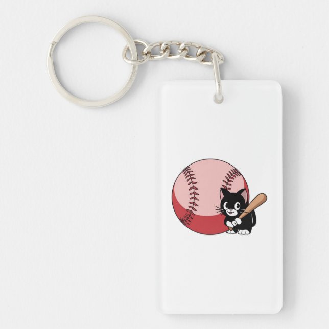 Baseball Cat Cartoon Key Ring (Front)