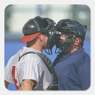Baseball Catcher and Umpire Arguing Square Sticker