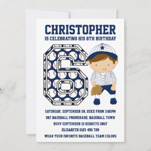 Baseball Catcher Blue White 6th Birthday Party Invitation