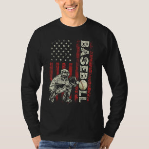 Baseball Catcher US Flag Dad Men Patriotic 4th Of T-Shirt