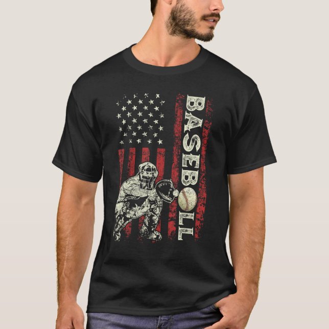 Baseball Catcher US Flag  Dad Men Patriotic 4th Of T-Shirt (Front)