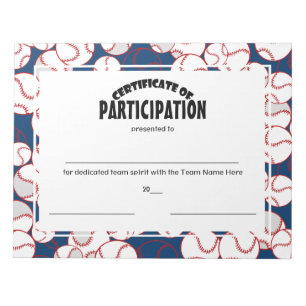 Baseball Certificates of Participation Notepad