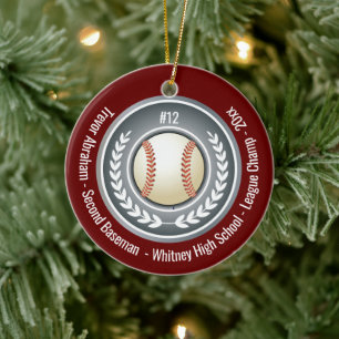 Baseball Champion Player School Silver Gray Red Ceramic Ornament