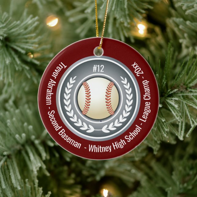 Baseball Champion Player School Silver Gray Red Ceramic Ornament (Tree)