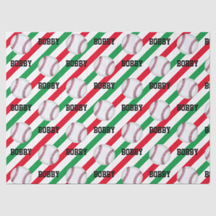 Baseball Christmas Add Name Stripe Red n Green Tissue Paper