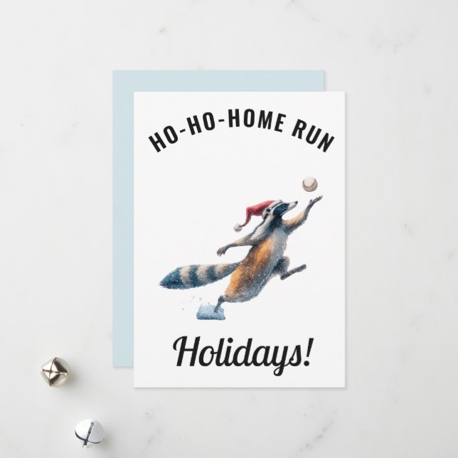 Baseball Christmas Card – Raccoon “Ho-Ho-Home Run” (Front/Back In Situ)