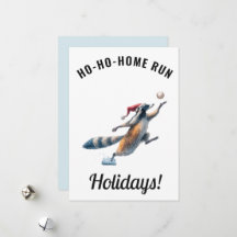 Baseball Christmas Card – Racoon “Ho-Ho-Home Run”