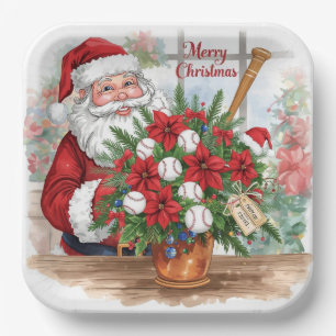 Baseball Christmas flowers with Santa Claus Paper Plate
