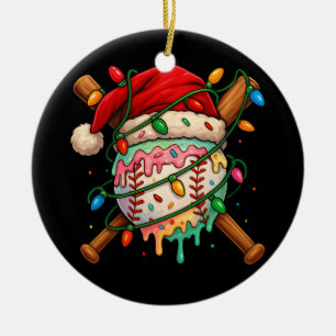 Baseball Christmas Ice Cream Santa Hat Family Ceramic Ornament