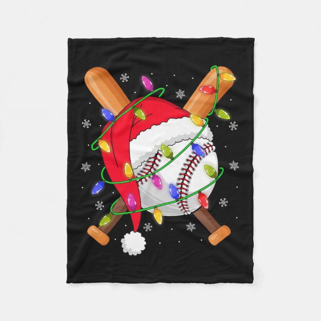 Baseball Christmas Lights Santa Hat Baseball Playe Fleece Blanket (Front)