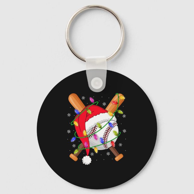 Baseball Christmas Lights Santa Hat Baseball Playe Key Ring (Front)