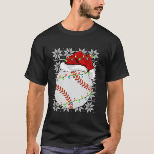 Baseball Christmas Lights Santa Hat Baseball Ugly  T-Shirt