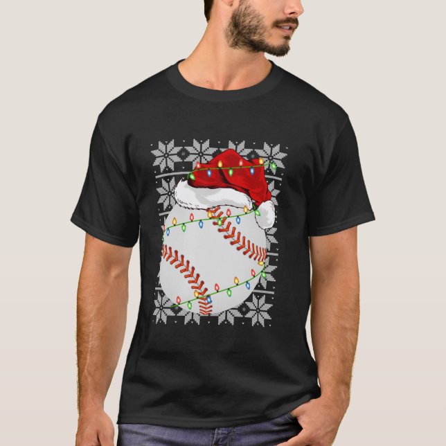 Baseball Christmas Lights Santa Hat Baseball Ugly  T-Shirt (Front)