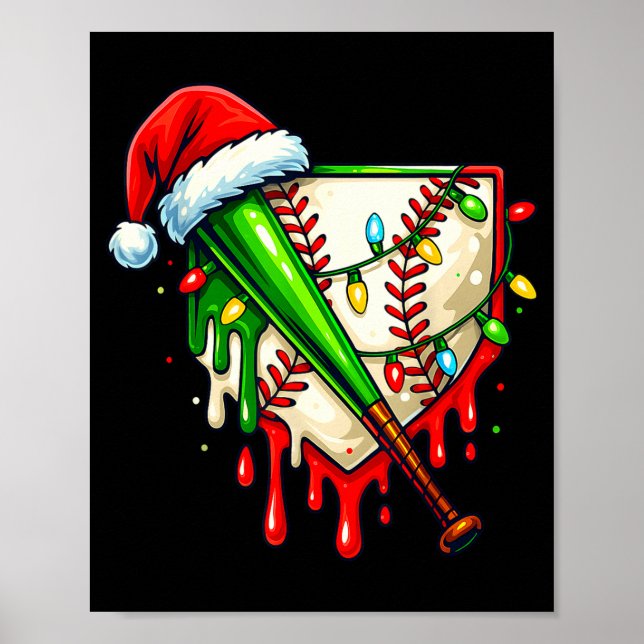 Baseball Christmas Santa Hat Dripng Ice Cream Xmas Poster (Front)