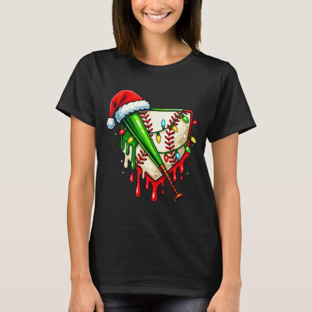 Baseball Christmas Santa Hat Dripng Ice Cream Xmas T-Shirt (Front)