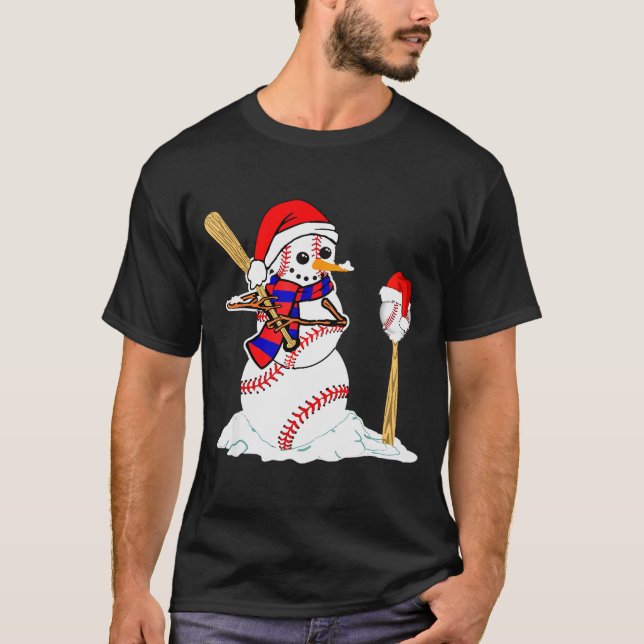 Baseball Christmas Snowman Playing Baseball  T-Shirt (Front)