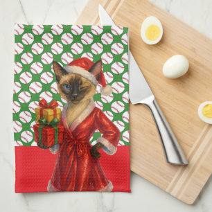 Baseball Christmas themed for cat lovers Tea Towel