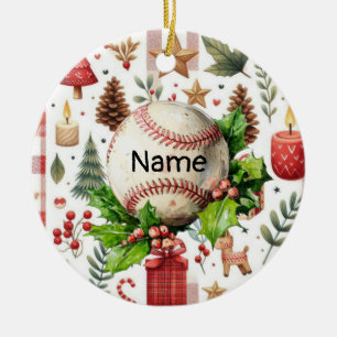 Baseball Christmas themed for kids with name Ceramic Ornament
