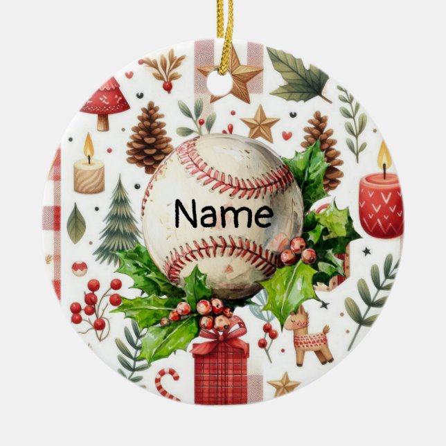 Baseball Christmas themed for kids with name Ceramic Ornament (Front)