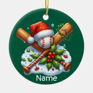 Baseball Christmas themed for kids with name Ceramic Ornament