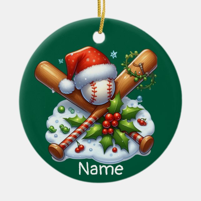 Baseball Christmas themed for kids with name Ceramic Ornament (Front)