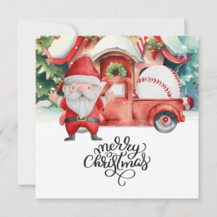 Baseball Christmas with Santa Claus and Snowman Holiday Card