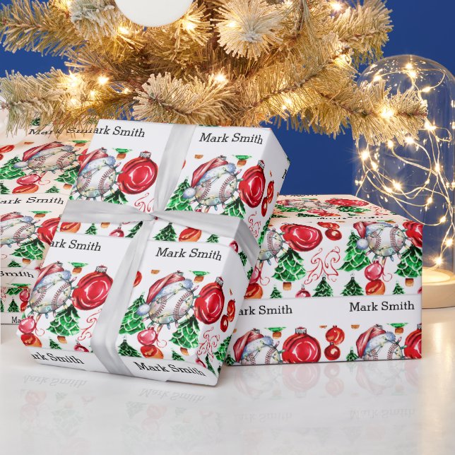 Baseball  Christmas with Santa Hat  Wrapping Paper (Holidays)