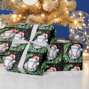 Baseball Christmas with Santa hat Wrapping Paper