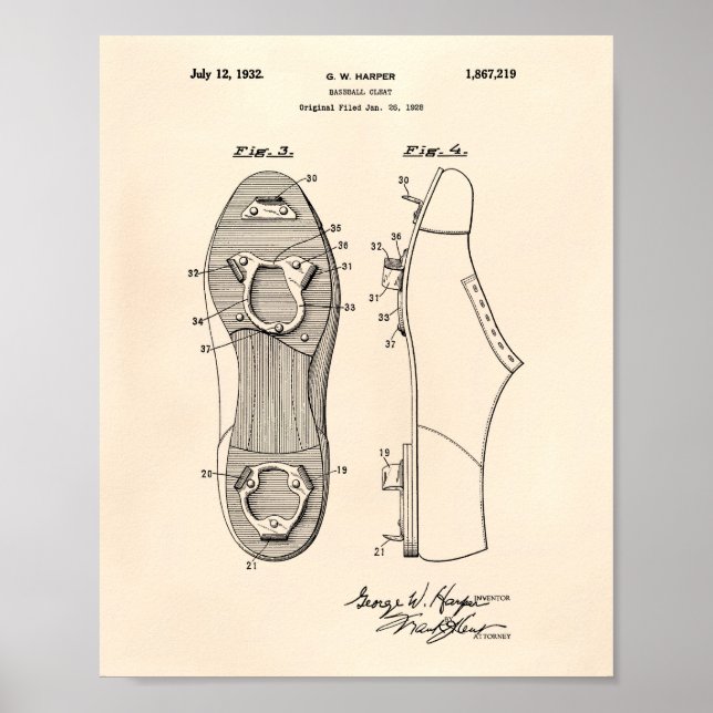 Baseball Cleat 1928 Patent Art Old Peper Poster (Front)