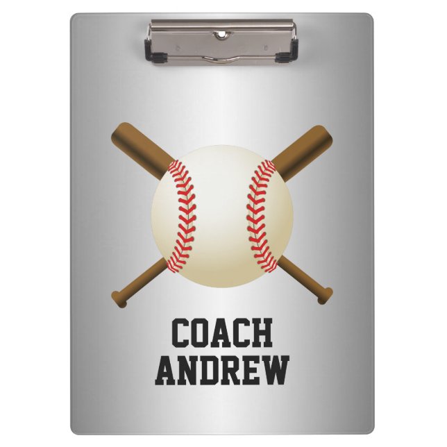 Baseball Coach Crossed Bats & Ball Metallic Clipboard (Front)