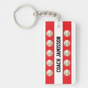 Baseball Coach/Player, Name, Red & White Key Ring
