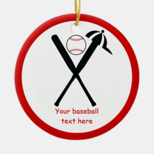 Baseball crossed bats and cap black, red custom ceramic ornament