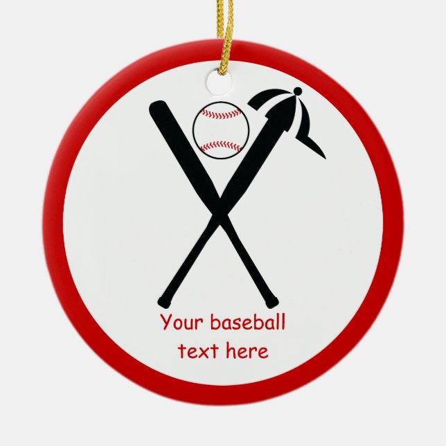 Baseball crossed bats and cap black, red custom ceramic ornament (Front)