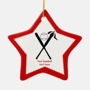 Baseball crossed bats and cap black, red custom ceramic tree decoration