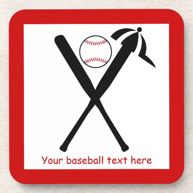 Baseball crossed bats and cap black, red custom coaster (Front)