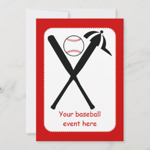 Baseball crossed bats and cap black, red custom invitation