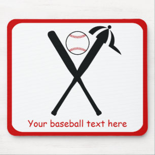 Baseball crossed bats and cap black, red custom mouse pad