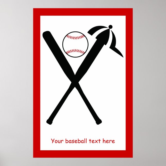 Baseball crossed bats and cap black, red custom poster (Front)