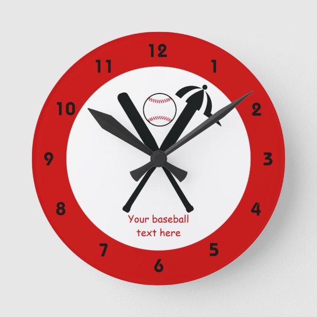 Baseball crossed bats and cap black, red custom round clock (Front)