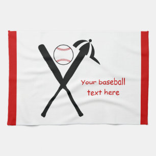 Baseball crossed bats and cap black, red custom tea towel